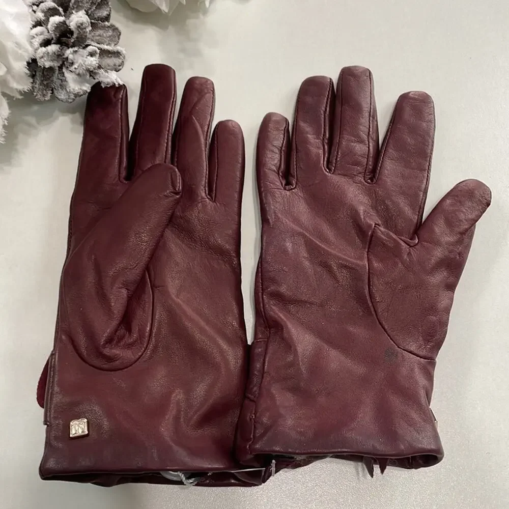 Bruno‎ Magli Cashmere Lined Leather Bow Gloves Burgundy XL Retails: $195